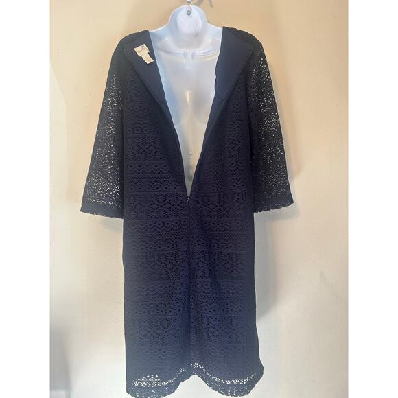 Chicos Dress Navy Blue Lace Overlay Sheath 3/4 Sleeve Notch V Neck Size 2 - Picture 4 of 13